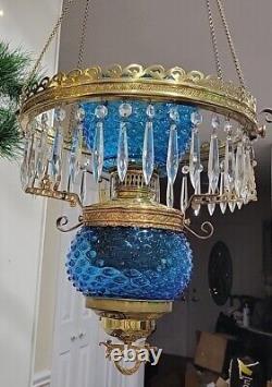 Antique Victorian Hanging Parlor Oil Lamp Blue Hobnail Shade, Font, Chimney Rare