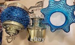 Antique Victorian Hanging Parlor Oil Lamp Blue Hobnail Shade, Font, Chimney Rare