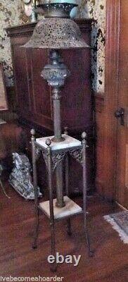 Antique Victorian Piano Parlor Lamp W Ornate Marble Stand & Great Shade