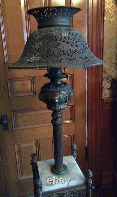 Antique Victorian Piano Parlor Lamp W Ornate Marble Stand & Great Shade