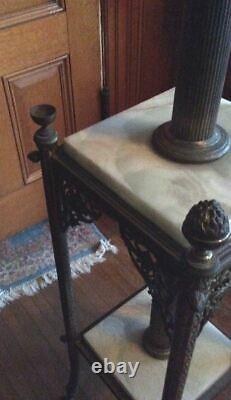 Antique Victorian Piano Parlor Lamp W Ornate Marble Stand & Great Shade