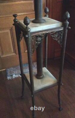 Antique Victorian Piano Parlor Lamp W Ornate Marble Stand & Great Shade