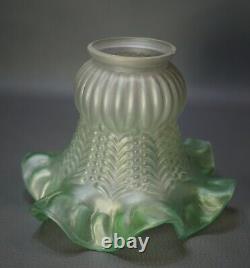 Antique Victorian Satin Embossed Frosted Clear Glass Lamp Shade Bell Ruffled Rim