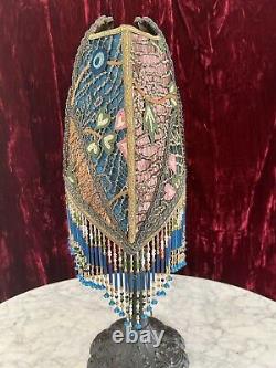 Antique Victorian Style Lamp Shade Beaded Fringe Hand Sewn Rose Gold Metallic