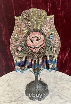 Antique Victorian Style Lamp Shade Beaded Fringe Hand Sewn Rose Gold Metallic