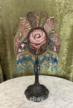 Antique Victorian Style Lamp Shade Beaded Fringe Hand Sewn Rose Gold Metallic