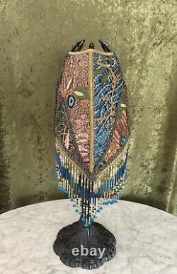 Antique Victorian Style Lamp Shade Beaded Fringe Hand Sewn Rose Gold Metallic