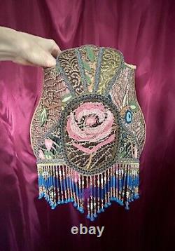 Antique Victorian Style Lamp Shade Beaded Fringe Hand Sewn Rose Gold Metallic