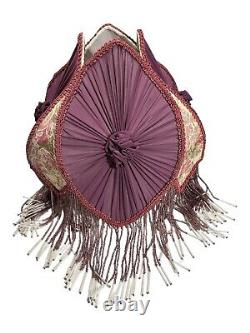 Antique Victorian Style Lamp Shade Mauve Rosettes/Floral Fabric Beaded Fringe