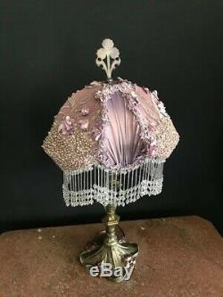 Antique Victorian Table Lamp with New Lilac Shade Beaded Fringe Lilac Fabric