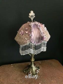 Antique Victorian Table Lamp with New Lilac Shade Beaded Fringe Lilac Fabric