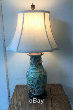 Antique Vintage Chinese Green Porcelain Vase with Flowers Peony Table Lamp & Shade