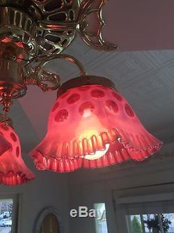 Antique/ Vintage Cranberry Coin Dot/Spot Glass Lamp Shades Stunning Color FENTON