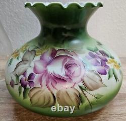 Antique Vintage GWTW Glass Lamp Shade Floral Green Hand Painted 3 Glass Chimney