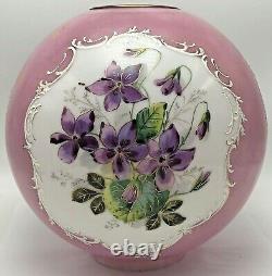 Antique Vintage GWTW Glass Lamp Shade Globe Hand Painted Flower Violets Kerosene