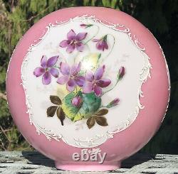 Antique Vintage GWTW Glass Lamp Shade Globe Hand Painted Flower Violets Kerosene