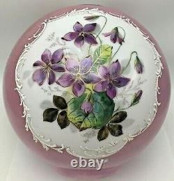 Antique Vintage GWTW Glass Lamp Shade Globe Hand Painted Flower Violets Kerosene