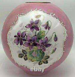 Antique Vintage GWTW Glass Lamp Shade Globe Hand Painted Flower Violets Kerosene