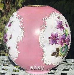 Antique Vintage GWTW Glass Lamp Shade Globe Hand Painted Flower Violets Kerosene