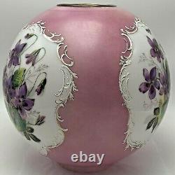 Antique Vintage GWTW Glass Lamp Shade Globe Hand Painted Flower Violets Kerosene