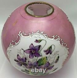 Antique Vintage GWTW Glass Lamp Shade Globe Hand Painted Flower Violets Kerosene