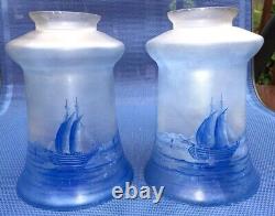 Antique Vintage Iridescent Blue lamp Shades Sailboat Pair 2