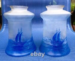 Antique Vintage Iridescent Blue lamp Shades Sailboat Pair 2