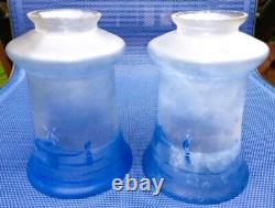 Antique Vintage Iridescent Blue lamp Shades Sailboat Pair 2