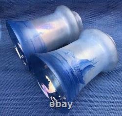 Antique Vintage Iridescent Blue lamp Shades Sailboat Pair 2