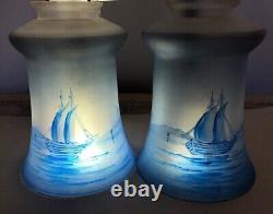 Antique Vintage Iridescent Blue lamp Shades Sailboat Pair 2