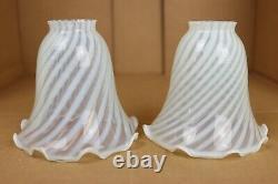 Antique Vintage Opalescent Swirl Glass Ruffled Crimped Lamp Shade Pair