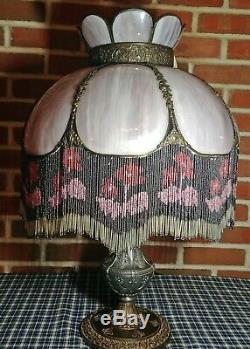 Antique Vintage Pink/Purple Slag Glass Lamp Shade Floral Glass Bead Fringe