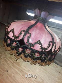 Antique Vintage Pink Slag Glass Hanging Lamp Shade Beaded Fringes