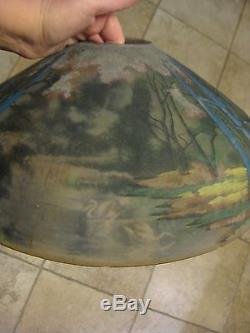 Antique Vintage Slag Glass Reverse Painted Pittsburgh Landscape Swans Lamp Shade
