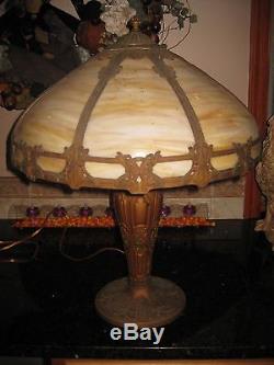 Antique Vintage Slag Glass and Metal 8 Panel Scroll Ornate Lamp & Shade
