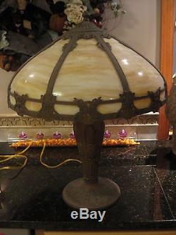 Antique Vintage Slag Glass and Metal 8 Panel Scroll Ornate Lamp & Shade