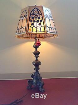 Antique/ Vintage Style Mica Lampshade with Gothic Hand Painting And Sinew Lace