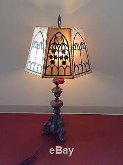 Antique/ Vintage Style Mica Lampshade with Gothic Hand Painting And Sinew Lace