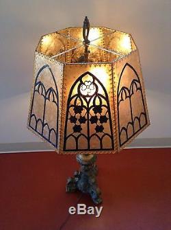 Antique/ Vintage Style Mica Lampshade with Gothic Hand Painting And Sinew Lace