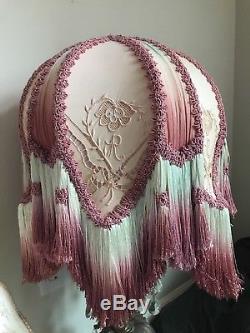 Antique Vintage Victorian Lampshade Lg Fringed Silk Fabric Lace Boudoir Pink Grn