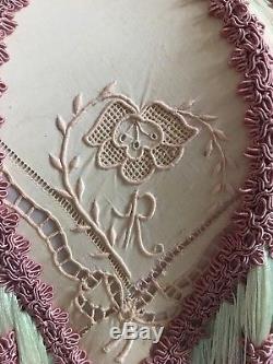 Antique Vintage Victorian Lampshade Lg Fringed Silk Fabric Lace Boudoir Pink Grn