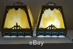 Antique/Vintage Victorian Pair Of Slag Glass Metal Lamp Shades