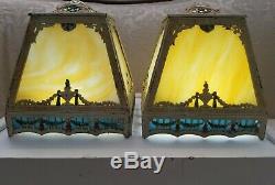 Antique/Vintage Victorian Pair Of Slag Glass Metal Lamp Shades