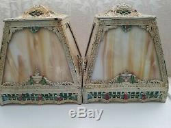 Antique/Vintage Victorian Pair Of Slag Glass Metal Lamp Shades