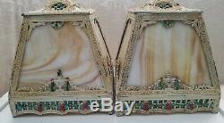 Antique/Vintage Victorian Pair Of Slag Glass Metal Lamp Shades