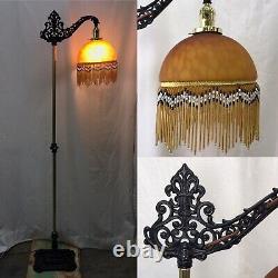 Antique Vtg Art Deco Boho Bridge Floor Lamp Bead Fringe Glass Shade Gold & Black