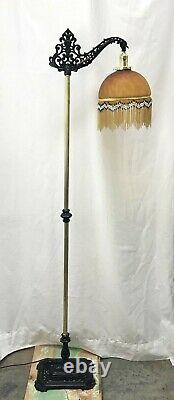 Antique Vtg Art Deco Boho Bridge Floor Lamp Bead Fringe Glass Shade Gold & Black