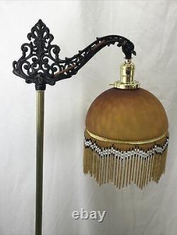 Antique Vtg Art Deco Boho Bridge Floor Lamp Bead Fringe Glass Shade Gold & Black