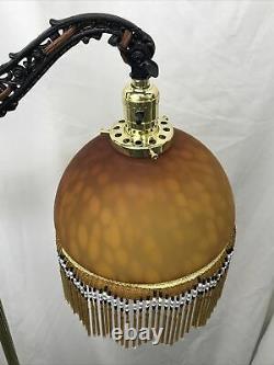 Antique Vtg Art Deco Boho Bridge Floor Lamp Bead Fringe Glass Shade Gold & Black