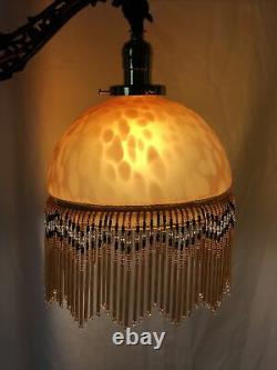 Antique Vtg Art Deco Boho Bridge Floor Lamp Bead Fringe Glass Shade Gold & Black